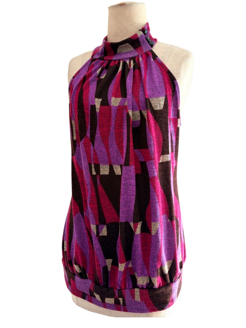 Y2K Knit Turtle Neck Sweater Sleeveless Going Out Top Pattern M Purple Brown Mod